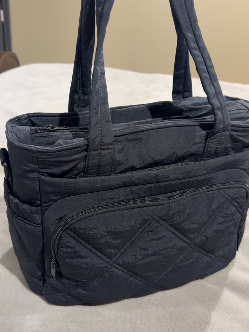 Quilted Black Women's Lunch Tote Bag with Front Zip Pocket